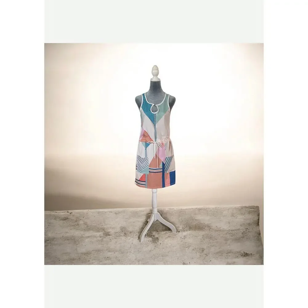 Summer Causal Loose Sleeveless Crew Neck Drawstring Waist Dress Small